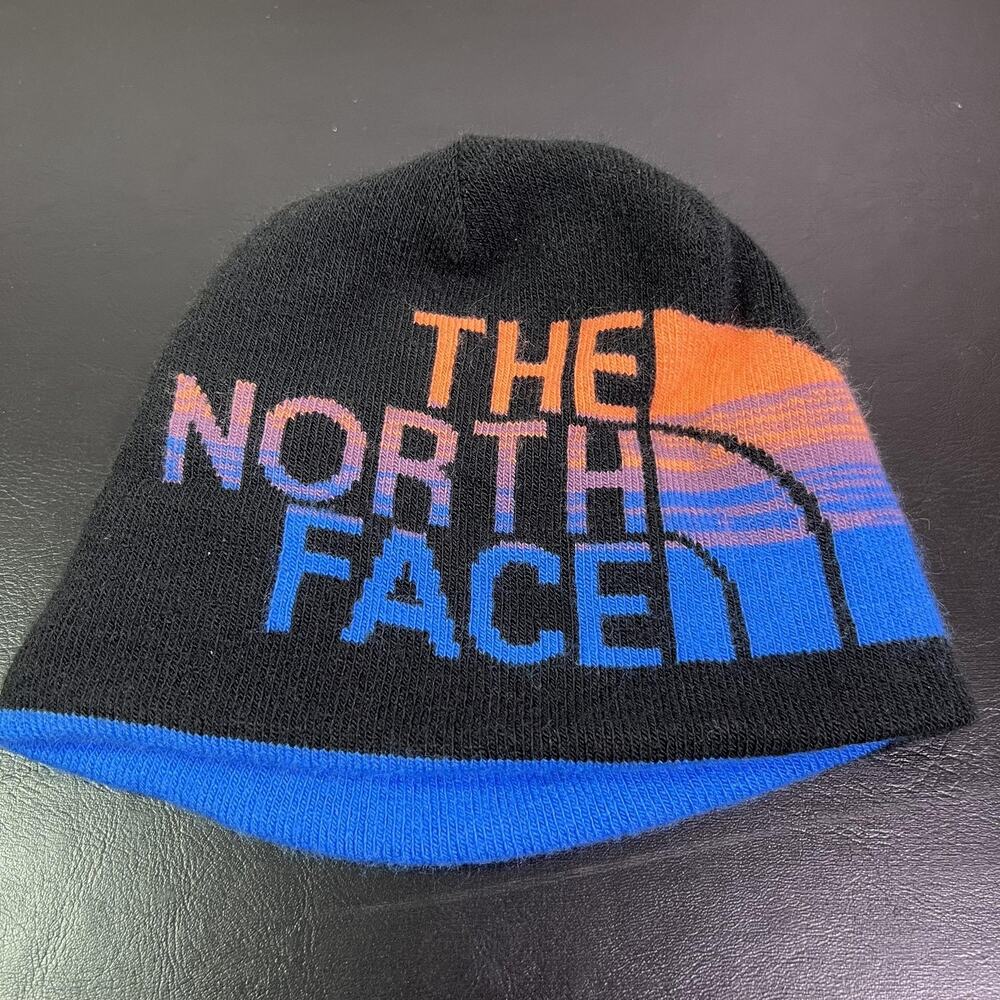 The North Face Beanie Mens One Size Black Blue Reversible Logo Knit Winter